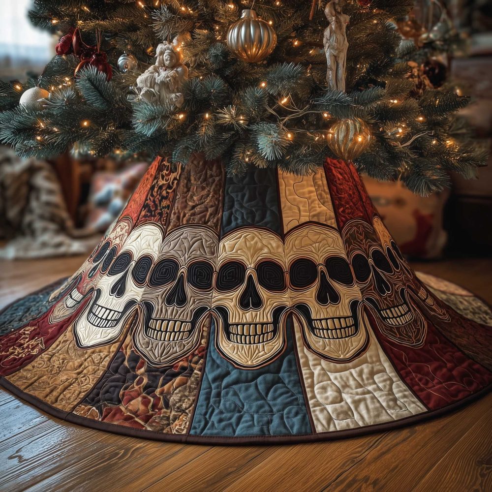 Earthy Striped Panels With Skulls Tree Skirt – Custom Rustic Halloween-To-Holiday Décor, Handcrafted