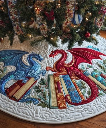 Red Dragon Guarding Books Christmas Tree Skirt – Custom Fantasy & Literary Holiday Décor
