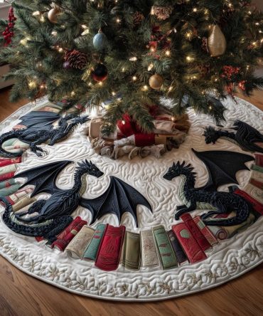 Black Dragon With Book Row Tree Skirt – Custom Gothic Fantasy Christmas Décor For Readers & Collectors