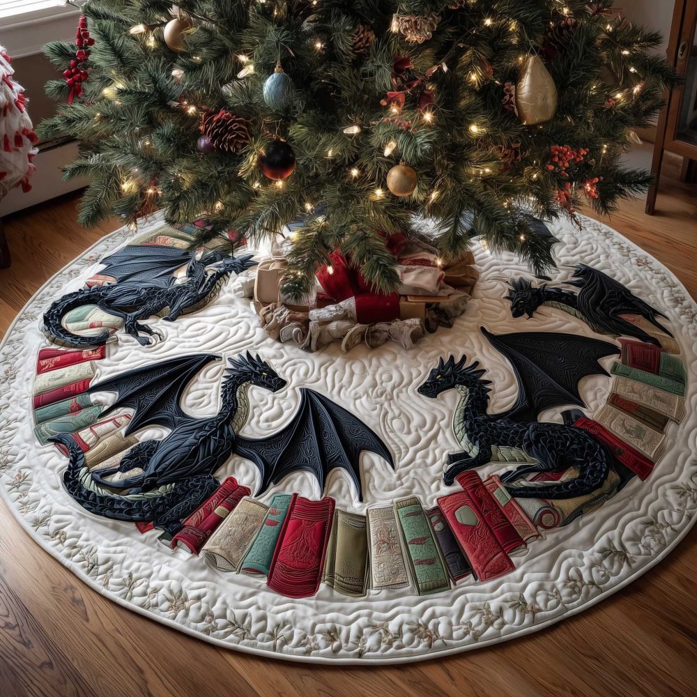 Black Dragon With Book Row Tree Skirt – Custom Gothic Fantasy Christmas Décor For Readers & Collectors