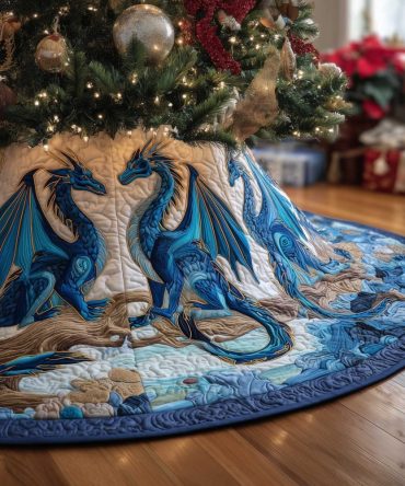 Twin Blue Dragons Over Water Tree Skirt – Custom Fantasy Holiday Accent With Mirrored Dragon Design