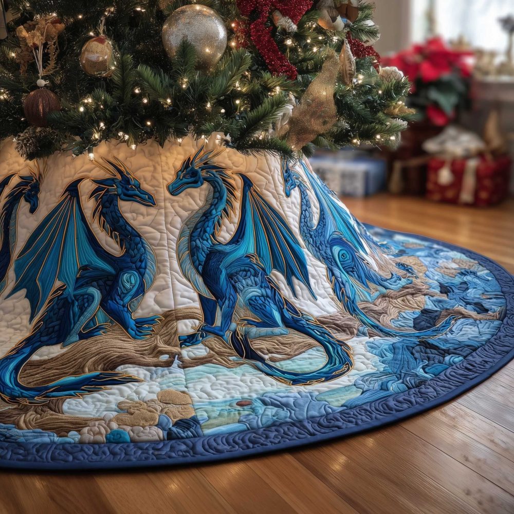 Twin Blue Dragons Over Water Tree Skirt – Custom Fantasy Holiday Accent With Mirrored Dragon Design