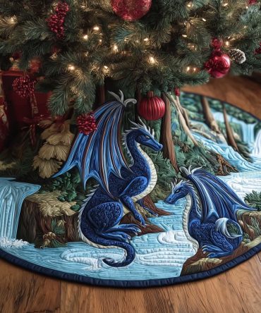 Blue Dragon By Forest Stream Tree Skirt – Custom-Made Fantasy Holiday Décor With Nature Scene