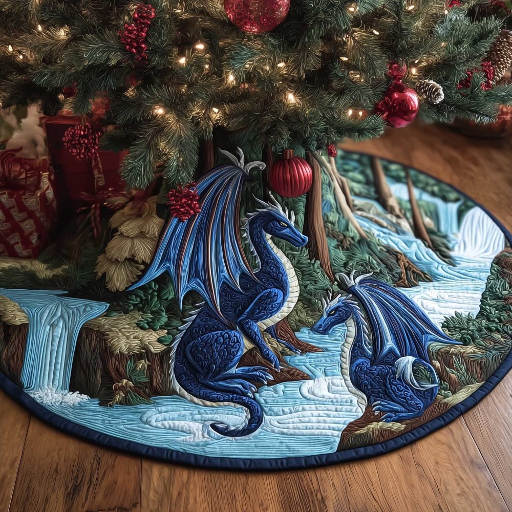 Blue Dragon By Forest Stream Tree Skirt – Custom-Made Fantasy Holiday Décor With Nature Scene