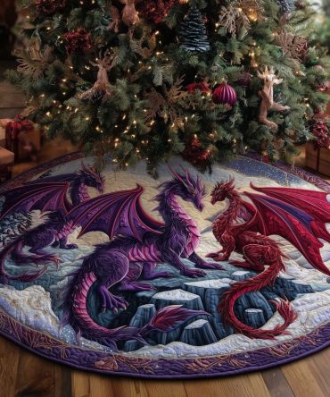 Purple & Red Dragon Snow Scene Tree Skirt – Custom Fantasy Holiday Accent For Home Or Collector