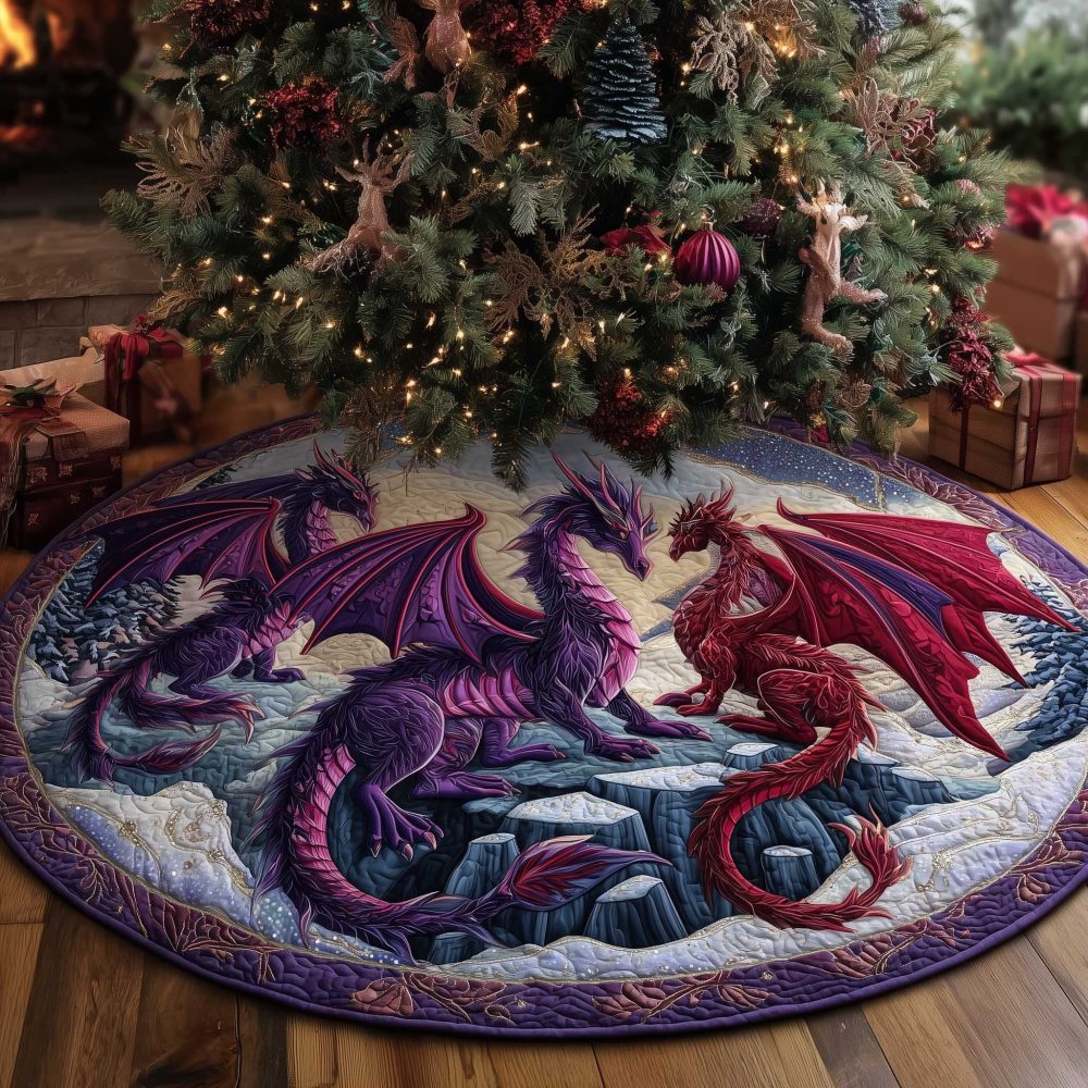 Purple & Red Dragon Snow Scene Tree Skirt – Custom Fantasy Holiday Accent For Home Or Collector