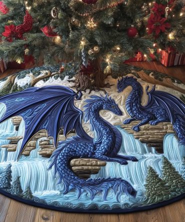 Blue Dragon Frozen Waterfall Christmas Tree Skirt – Custom Fantasy Holiday Décor With Winter Scene