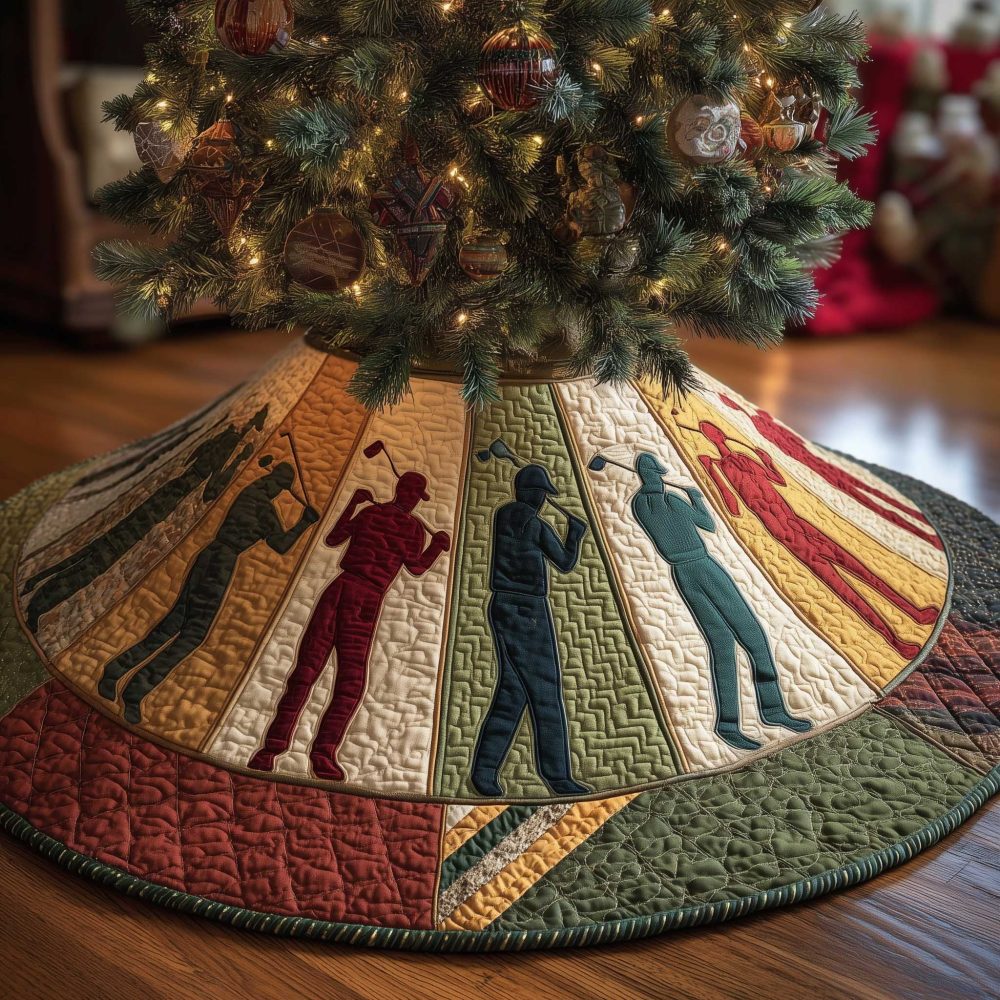 Bold Golfer Silhouette Tree Skirt On Vibrant Color Wedges – Custom Holiday Decor For Golf Fans