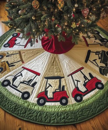 Golf Cart Pattern Tree Skirt On Green Wedges - Playful Golf Holiday Decor, Quilted Skirt For Enthusiasts, Made To Order