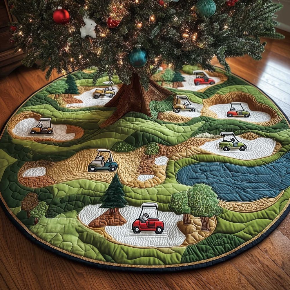 Custom Golf Course Christmas Tree Skirt With Carts & Ponds – Premium Holiday Décor For Golf Lovers
