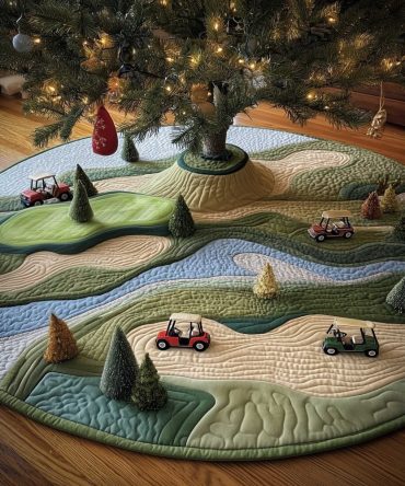 Green Golf Cart Fairway Tree Skirt - Sporty Golf-Themed Christmas Decor, Quilted Holiday Skirt For Golf Lovers, Made To Order