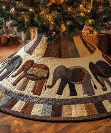 Earthy Patchwork Elephant Tree Skirt - Warm Neutral Panels, Quilted Rustic Holiday Decor, Handmade To Order, Unique Gift