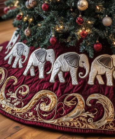 Deep Red Tree Skirt With White Elephants - Bold Holiday Quilted Skirt, Luxurious Festive Floor Cover, Handmade, Made To Order