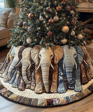 Stylish Patterned Elephants On Cream Tree Skirt - Subtle Neutral Quilted Holiday Accent, Handmade, Made To Order