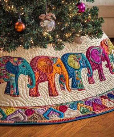 Colorful Rainbow Elephants Tree Skirt - Vibrant Row Design For Kids' Holiday Decor, Quilted Handmade Skirt, Made To Order