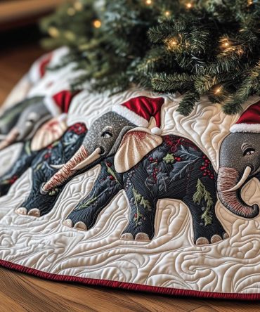 Festive Elephant With Santa Hat Tree Skirt - Bright White Quilted Holiday Decor, Playful Animal Christmas Skirt, Made To Order