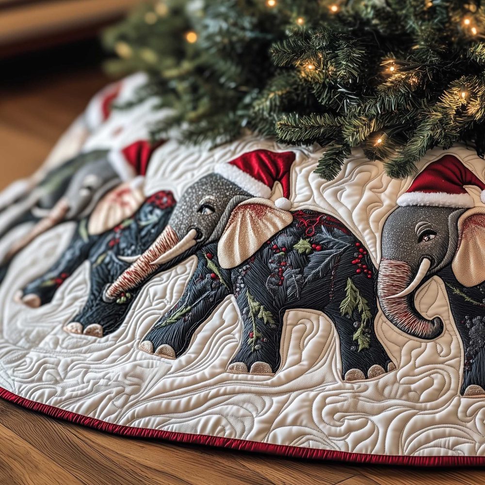 Festive Elephant With Santa Hat Tree Skirt - Bright White Quilted Holiday Decor, Playful Animal Christmas Skirt, Made To Order