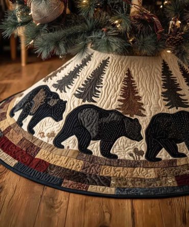 Bold Black Bear Silhouette Tree Skirt With Pines - Modern Rustic Christmas Quilted Skirt, Handcrafted, Made To Order