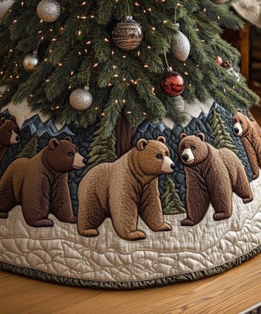 Quilted Brown Bears Mountain Tree Skirt - Scenic Rustic Christmas Floor Cover, Handmade, Made To Order