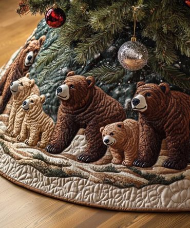 Cream Tree Skirt With Bears & Cubs - Soft Quilted Holiday Skirt, Family-Friendly Woodland Christmas Accent, Made To Order