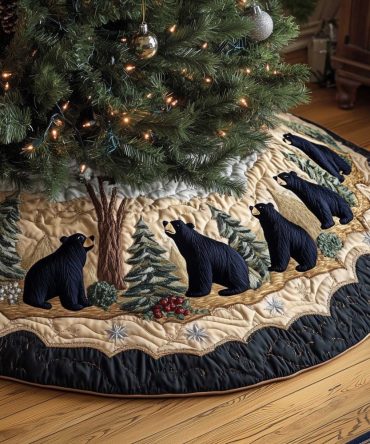 Handcrafted Black Bears Among Pines Tree Skirt - Rustic Forest Christmas Decor, Quilted, Made To Order