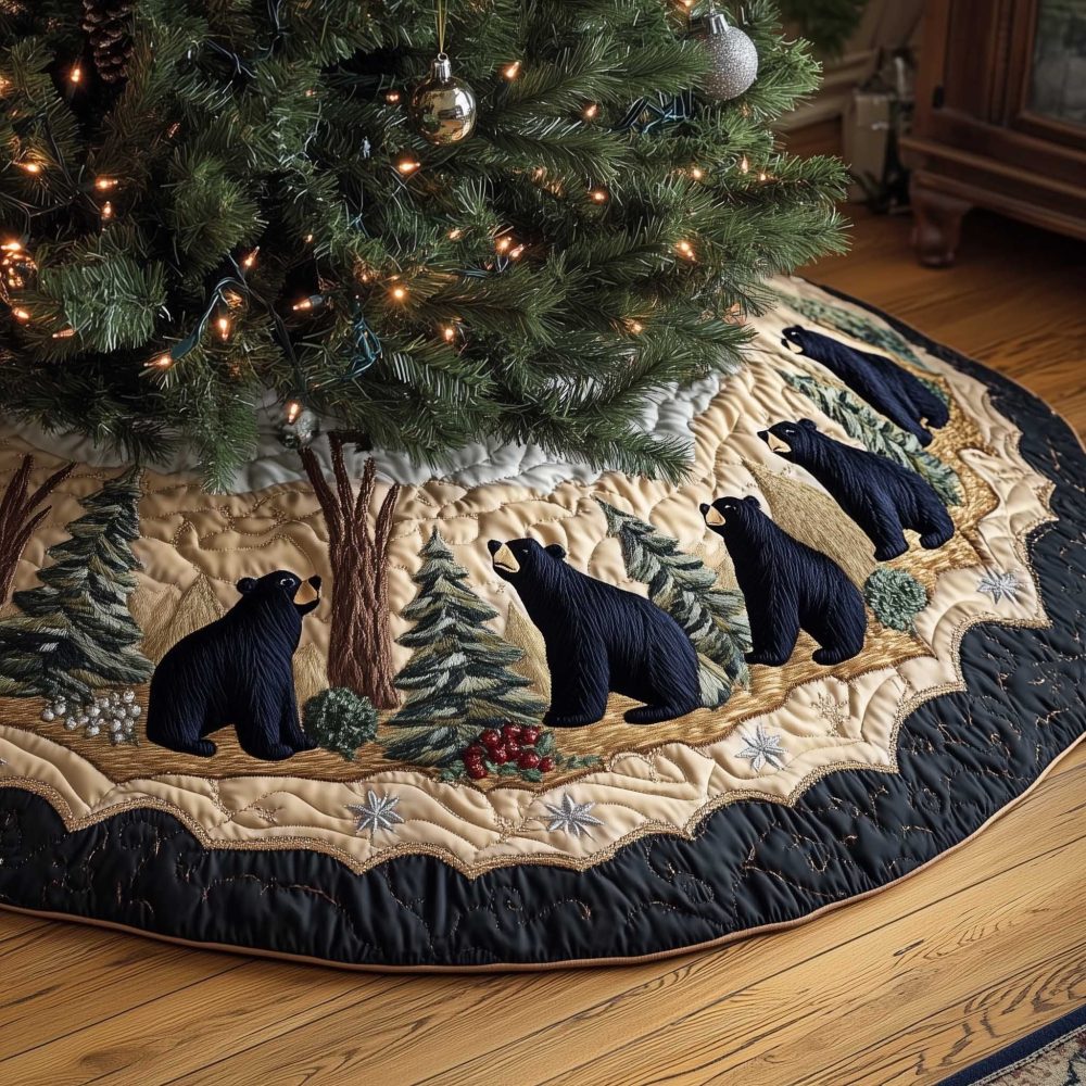 Handcrafted Black Bears Among Pines Tree Skirt - Rustic Forest Christmas Decor, Quilted, Made To Order