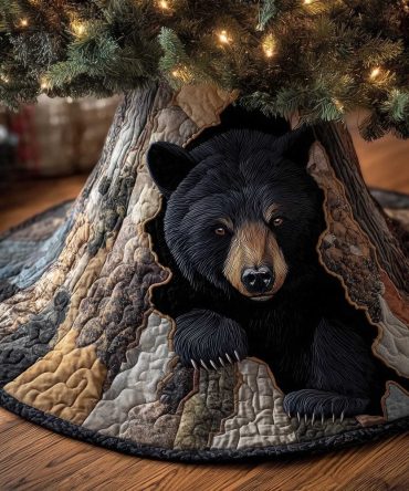Handmade Black Bear Face Tree Skirt - Rustic Woodland Christmas Decor Quilted Circle Skirt, Made To Order