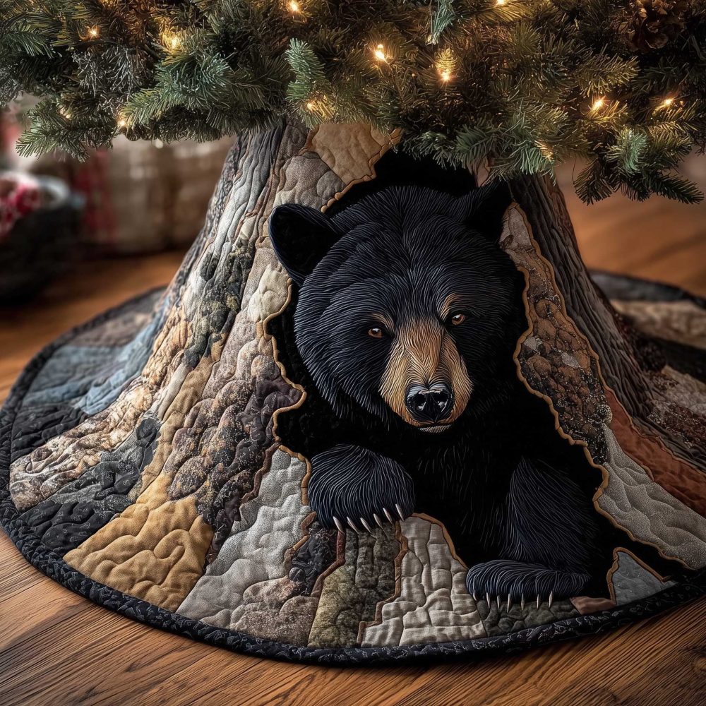 Handmade Black Bear Face Tree Skirt - Rustic Woodland Christmas Decor Quilted Circle Skirt, Made To Order