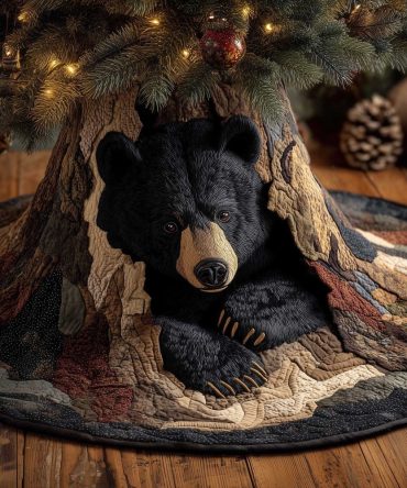 Custom Quilted Black Bear In Den Tree Skirt - Cozy Woodland Christmas Accent, Handcrafted, Made To Order