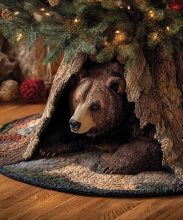 Brown Bear Hollow Tree Skirt — Custom-Made Woodland Christmas Skirt Featuring Brown Bear In Tree Hollow, Handcrafted Holiday Accent
