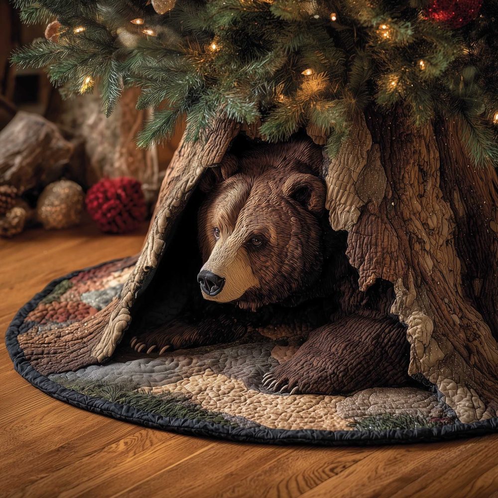 Brown Bear Hollow Tree Skirt — Custom-Made Woodland Christmas Skirt Featuring Brown Bear In Tree Hollow, Handcrafted Holiday Accent
