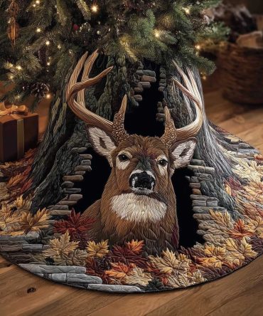 Antlered Buck Hollow Tree Skirt — Handcrafted Custom Christmas Tree Skirt With Majestic Buck Silhouette In Tree Hollow, Rustic Decor