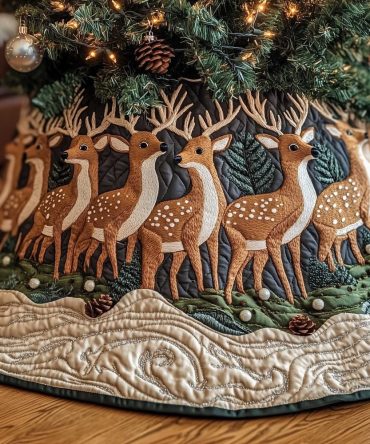 Cream Field Deer Walk Christmas Tree Skirt — Custom Handcrafted Skirt With Walking Deer Silhouette For Rustic Holiday Charm
