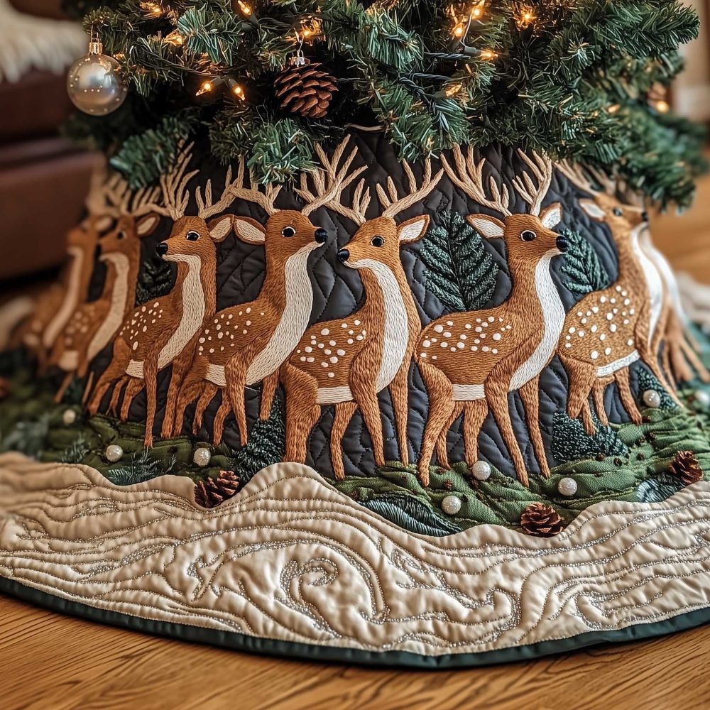 Cream Field Deer Walk Christmas Tree Skirt — Custom Handcrafted Skirt With Walking Deer Silhouette For Rustic Holiday Charm