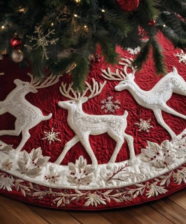 White Leaping Deer On Red Christmas Tree Skirt — Handcrafted Festive Skirt With Leaping Doe Motif, Custom Sizes & Premium Fabric