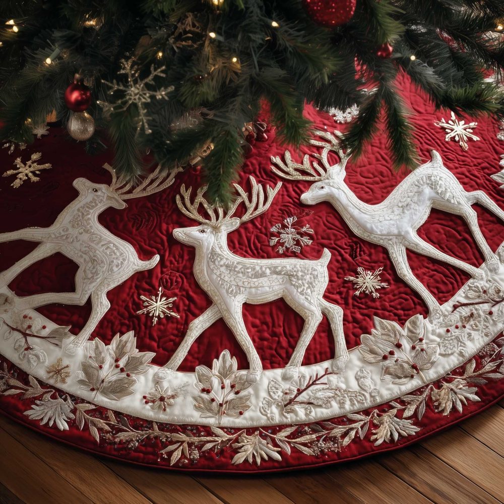White Leaping Deer On Red Christmas Tree Skirt — Handcrafted Festive Skirt With Leaping Doe Motif, Custom Sizes & Premium Fabric