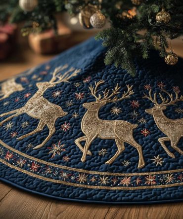 Golden Deer & Snowflakes Navy Christmas Tree Skirt — Custom Luxe Skirt With Gold Stag And Snowflake Pattern, Handcrafted For Holidays