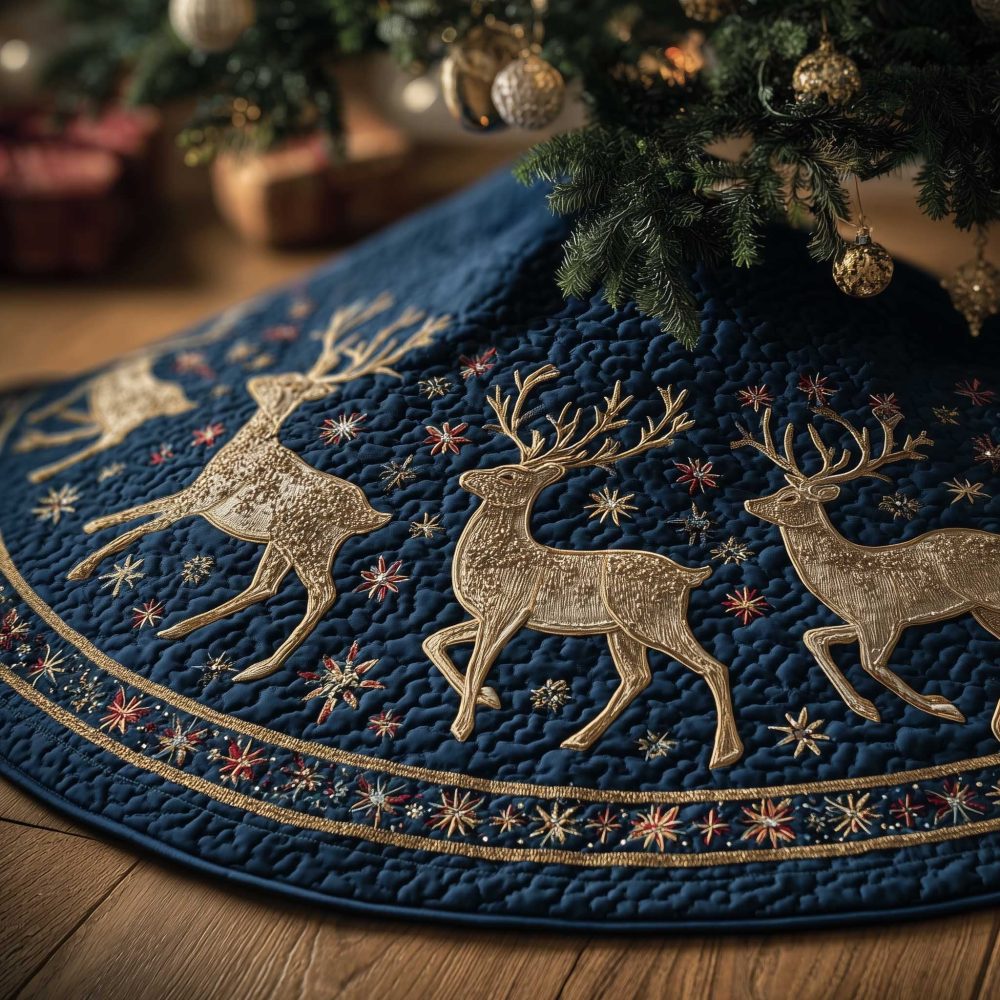 Golden Deer & Snowflakes Navy Christmas Tree Skirt — Custom Luxe Skirt With Gold Stag And Snowflake Pattern, Handcrafted For Holidays