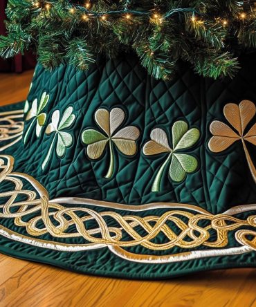 Green Celtic Shamrock Tree Skirt With Gold Knot — Custom-Made Festive Skirt Combining Shamrocks And Gold Celtic Knotwork, Handcrafted