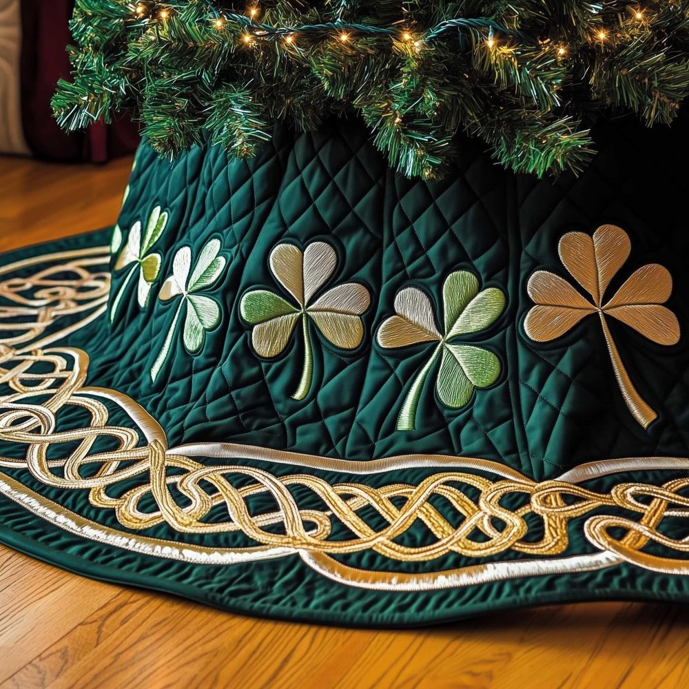 Green Celtic Shamrock Tree Skirt With Gold Knot — Custom-Made Festive Skirt Combining Shamrocks And Gold Celtic Knotwork, Handcrafted