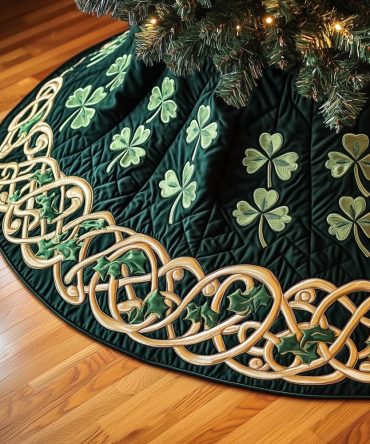 Golden Celtic Braid With Scattered Shamrocks Tree Skirt — Custom Holiday Skirt On Green Backdrop, Handcrafted And Made To Order