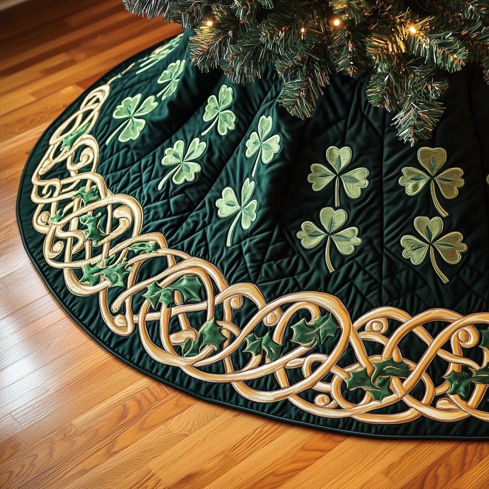 Golden Celtic Braid With Scattered Shamrocks Tree Skirt — Custom Holiday Skirt On Green Backdrop, Handcrafted And Made To Order