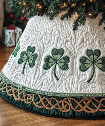 Green Shamrocks With Celtic Band Tree Skirt — Custom-Made White Tree Skirt Accent With Green Shamrocks And Celtic Trim, Festive Decor