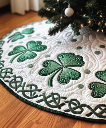 Irish Shamrock Green Celtic Christmas Tree Skirt — Handcrafted Tree Skirt With Shamrocks And Green Knotwork Border, Custom Fit