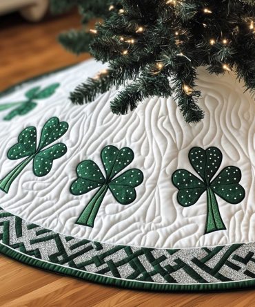 Dark Shamrocks On White Celtic Weave Tree Skirt — Custom Holiday Skirt With Bold Shamrock Pattern And Celtic Trim, Made To Order