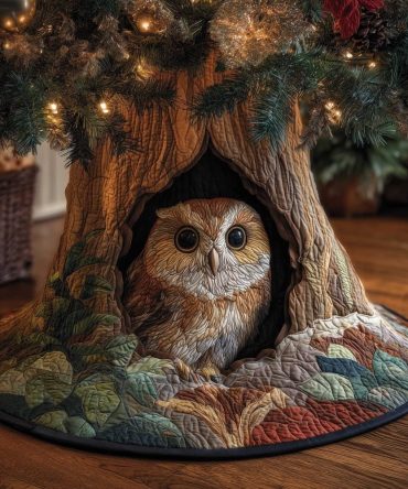 Peekaboo Owl Tree Skirt — Handcrafted Christmas Tree Skirt With Owl Peeking From Hollow, Custom Sizing And Festive Details