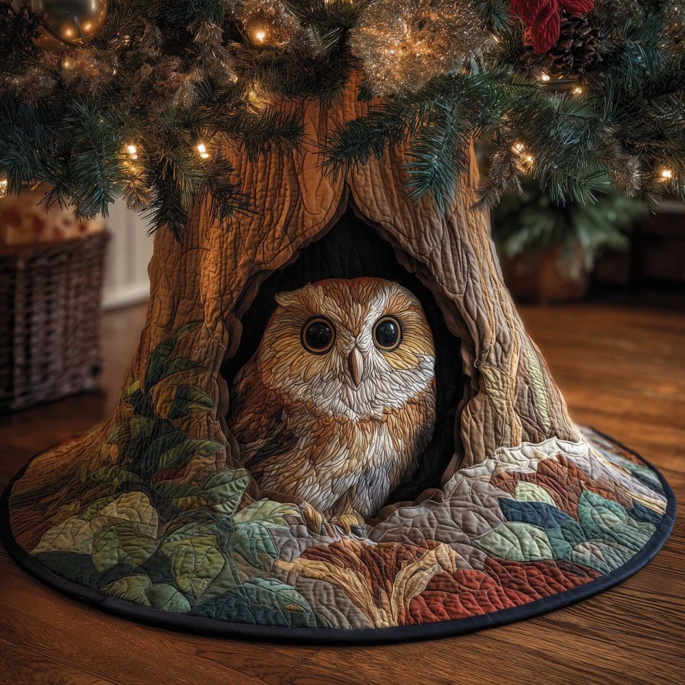 Peekaboo Owl Tree Skirt — Handcrafted Christmas Tree Skirt With Owl Peeking From Hollow, Custom Sizing And Festive Details