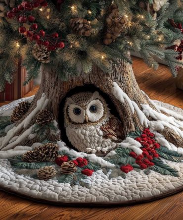 Owl & Pinecones Holiday Tree Skirt — Custom-Made Christmas Tree Skirt With Owl In Hollow And Pinecone Accents, Handcrafted