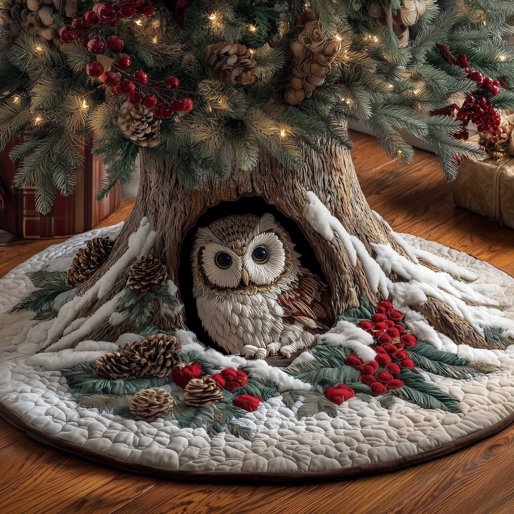 Owl & Pinecones Holiday Tree Skirt — Custom-Made Christmas Tree Skirt With Owl In Hollow And Pinecone Accents, Handcrafted