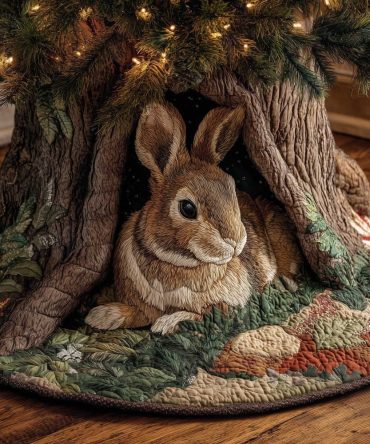 Custom Rabbit Holiday Tree Skirt — Made-To-Order Christmas Tree Skirt With Nestled Rabbit In Tree Hollow, Cozy Rustic Decor